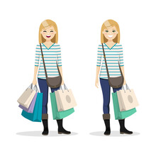 Blonde Hair Woman With Shopping Bags In Different Positions. Isolated People Vector Illustration