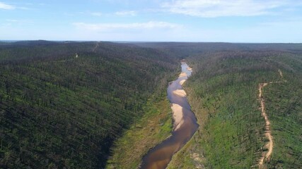 Wall Mural - Backward flight over river and forest after bush fires in Australia