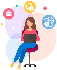 Poster - woman with laptop orders goods via network. online shopping using computer vector illustration. fema