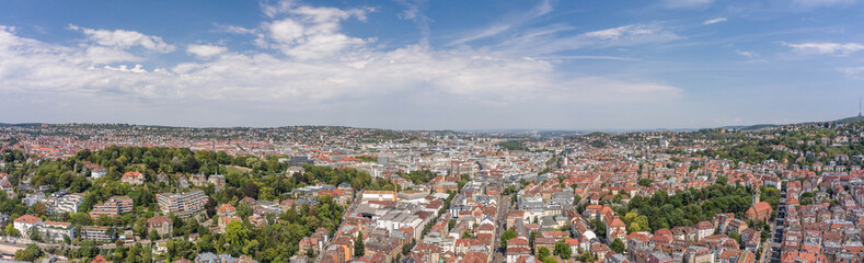 Panoramic view of Stuttgart suburb near hills in Germany at summer noon