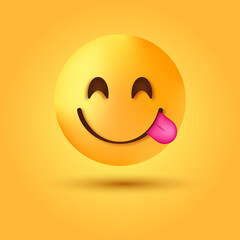 Wall Mural - 3d emoji Face Savouring Delicious Food, Smiling Face savoring Licking Lips, smiley emoticon with tongue out in one corner, Hungry goofy character	