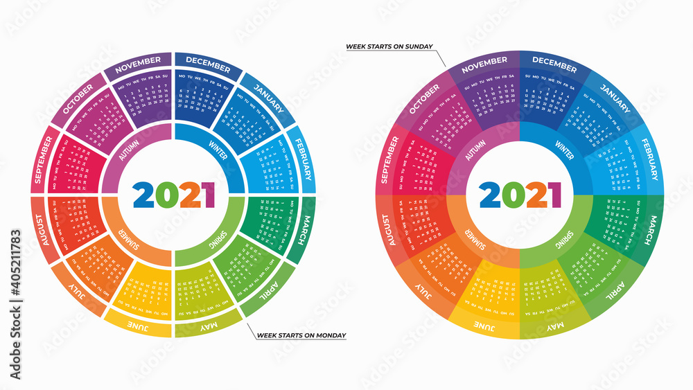 Vector illustration of colorful round calendars 2021 isolated on white background for your design - obrazy, fototapety, plakaty 