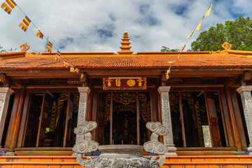 Wide angle view of Ho Quoc pagoda (Vietnamese name is Truc Lam Thien Vien) with big statue of guanyin bodhisattva on mount, Phu Quoc island, Vietnam