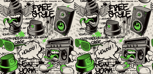 Graffiti wall background, graffiti seamless pattern with different graffiti characters, this design can be used as a print for fabrics or as a wallpaper