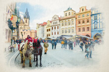 Watercolor Drawing Of Horse Carriage Coach For Tourists Entertainment In Prague Old Town Square
