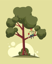 Do Not Cut Branch You Sitting Proverb Concept. Man Is Sawing A Tree Branch. Wrong Mental Action To Problem Solving. Vector Flat Cartoon Illustration