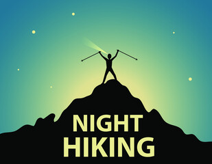 silhouette of a person on the top of the mountain, night hiking, vector illustration 