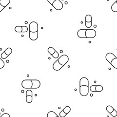  Grey line Vitamin complex of pill capsule icon isolated seamless pattern on white background. Healthy lifestyle. Vector.