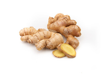 Wall Mural - Pieces of ginger and lemon. Natural medicine, anti-influenza and antiviral ingredients on a white background.