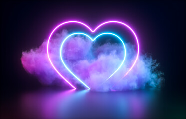 Poster - Futuristic Modern empty stage. Reflective dark room with glowing neon heart shape and cloud. 3d render.