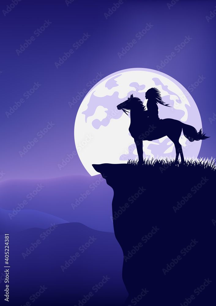 native american tribal chief riding horse standing at mountain cliff ...