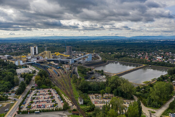 Coal mine in Poland. Mine janina in Libiaz. Industrial  abstract sendimentation tank of mine in Poland. Industrial lake Aerial drone photo view