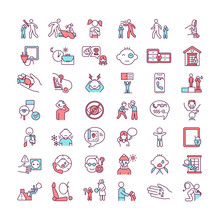 Child Abuse And Neglect RGB Color Icons Set. Physical Violence At Home. Unhealthy Domestic Environment For Children. Kids Mental Wellbeing. Harm To Children. Isolated Vector Illustrations