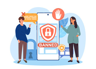 Poster - male and female characters holding smartphone with banned internet content on screen. concept of mod
