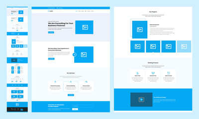 one page landing website design template for business. landing page ux ui wireframe. flat modern res