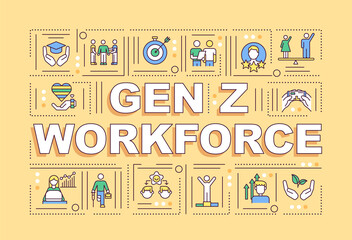 Fototapete - Gen z workforce concepts banner. Wellness and physical health in corporation. Infographics with linear icons on blue background. Isolated typography. Vector outline RGB color illustration