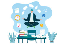 Businessman Levitating Meditating, Concept Business Employment Working Process, Workplace Flat Vector Illustration, Isolated On White. Concentration Reflecting Team Leader, Labour Working Hours.