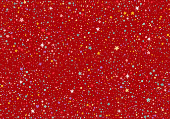 Aufkleber - Seamless Pattern with Colorful Dots and Stars on Red Background. Vector Christmas Party Texture