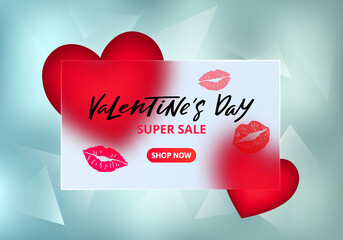 Aufkleber - Vector Banner for Valentine's Day Sale. Holiday Offer Concept with Blurred Hearts and Kisses on Frosted Glass