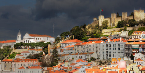 Wall Mural - Sao Jorge historical Portuguese castle named Saint George in the city Lisbon illuminated at sunset