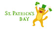 Cute cartoon leprechaun red cat with trefoil in hand. Including decorative vintage title. St. Patrick's Day illustration for your design.