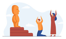 Religious People Worshipping Idol. Statue, Holy Table, Cult. Flat Vector Illustration. Religion, Culture, Tradition Concept For Banner, Website Design Or Landing Web Page