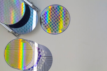 Poster - Prepare a many silicon wafers on aluminium table for examination appearance each wafers, top view.