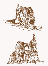 Graphical vintage set of fortress of Crimea, ruins