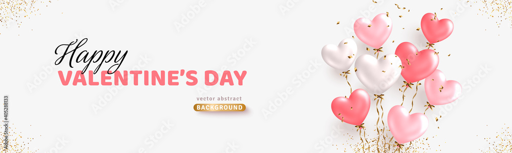 Valentine's day horizontal banner design. Realistic white and pink balloons. Ballon bunch with golden confetti. Decorative holiday banner, festive web poster, flyer, brochure. Romantic card background - obrazy, fototapety, plakaty 