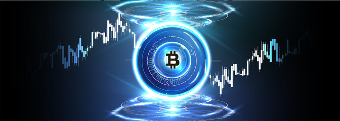 Poster - Forex, stock market trading chart vector banner; business finance abstract background. Crypto Currency Bitcoin On Blue Background Digital Web Money Modern Technology Banner
