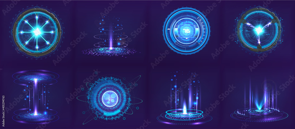 Sci-fi futuristic gadgets and devices in HUD style. Circle digital 3D elements for UI, GUI, VR and other. Hi-tech abstract elements - spheres, futuristic gadgets, holograms and other digital elements - obrazy, fototapety, plakaty 