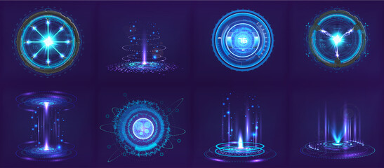 Wall Mural - Sci-fi futuristic gadgets and devices in HUD style. Circle digital 3D elements for UI, GUI, VR and other. Hi-tech abstract elements - spheres, futuristic gadgets, holograms and other digital elements