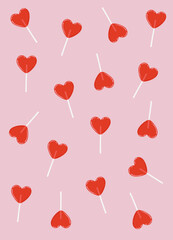 Wall Mural - Cute Heart Shaped Lollipop Candy Pattern on Pink Background. Simple Hand Drawn Vector Illustration. Ideal for Textile, Fabric Prints, Wrapping Paper, Valentines Gift Card, Poster Or Invitation.