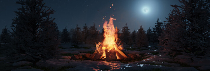Wall Mural - 3d rendering of big bonfire with sparks and particles in front of snowy pine trees and moonlight