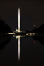 USA, Washington DC, Washington Monument Reflecting In Lincoln Memorial Reflecting Pool At Night