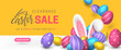 Vector cute sale banner with fur ears of bunny, coloured realistic 3D eggs and lettering Easter. Festive cartoon horizontal template with orange background for holiday flyer with discount offers.