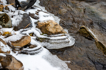 Beginning of the winter, Ice forms on the vegetation across the river. 