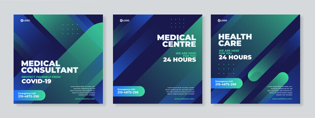 Wall Mural - Healthcare Post Template Social Media Banners. Blue and green background color - Vector