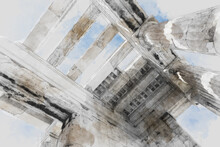 Ruins Of Ancient Temple On Acropolis Hill In Athens, Greece. Watercolor Splash With Hand Drawn Sketch Illustration