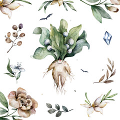 Cute mandrake roots. Magic plants. Set of cartoon hand drawn watercolor illustrations with flowers, leaves, characters, design elements.