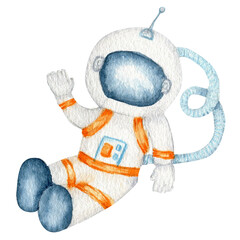 Astronaut in space suit, cosmonaut in helmet isolated watercolor illustration on white background, Spaceman funny cartoon kid astronout