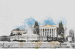 Zappeion hall, Athens, Greece. Watercolor splash with hand drawn sketch illustration