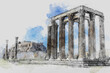  Ancient Sites The ruins of ancient temple Zeus, Athens, Greece. Watercolor splash with hand drawn sketch illustration