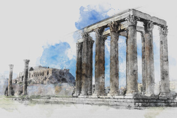 Wall Mural -  Ancient Sites The ruins of ancient temple Zeus, Athens, Greece. Watercolor splash with hand drawn sketch illustration