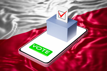 Canvas Print - 3d illustration of a voting box with a billboard standing on a smartphone, with the national flag of Poland in the background. Online voting concept, digitalization of elections