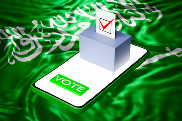 Canvas Print - 3d illustration of a voting box with a billboard standing on a smartphone, with the national flag of Saudi Arabia in the background. Online voting concept, digitalization of elections