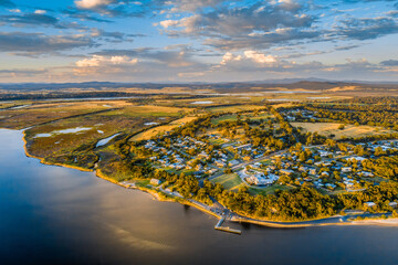 Wall Mural - Aerial view of Marlo town at sunset in Victoria, Australia