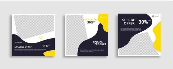 Set of Editable minimal square banner template. Yellow blue and white background color with geometric shapes for social media post and web internet ads. Vector illustration