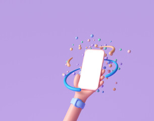 Poster - 3D Abstract Cartoon hand holding phone with random floating spheres, minimal smartphone mockup. 3d render illustration