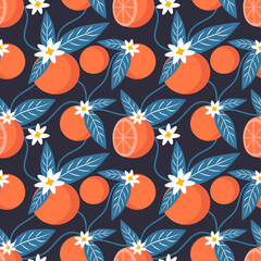 Wall Mural - vector seamless pattern with hand drawn repeating oranges on a dark blue background. bright flat illustration for printing on fabric, clothing, wrapping paper. background for websites and applications